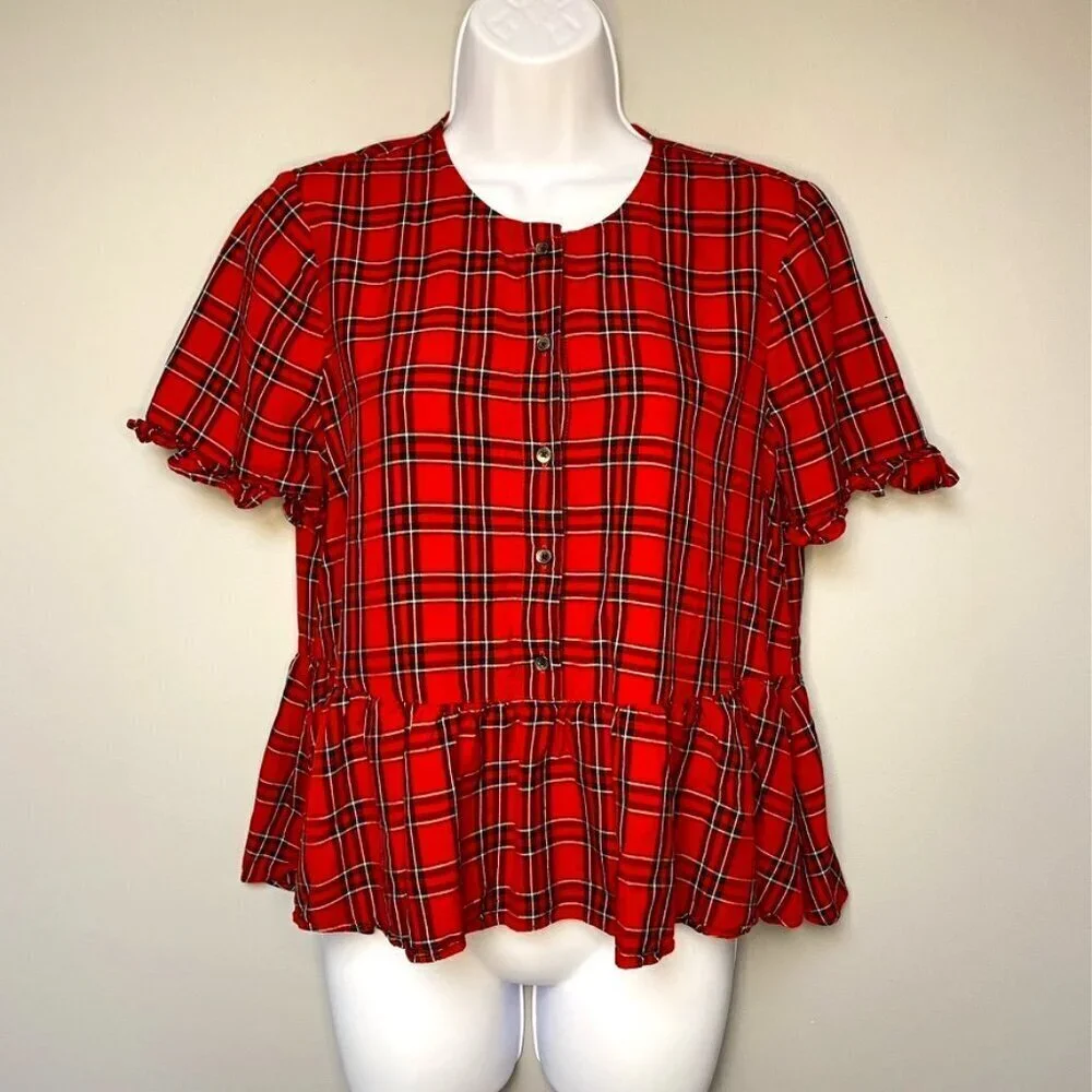 MADEWELL Red and Black Plaid Ruffle Hem Puff Sleeve Button‎ Down Blouse Size S